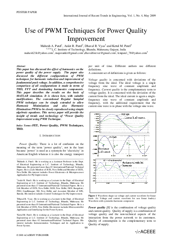 (PDF) Use of PWM Techniques for Power Quality Improvement