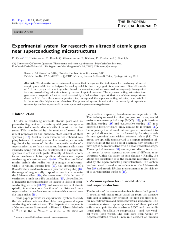 (PDF) Experimental system for research on ultracold atomic gases near ...