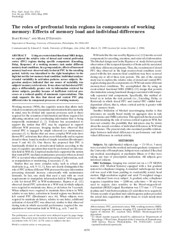 (PDF) The roles of prefrontal brain regions in components of working ...