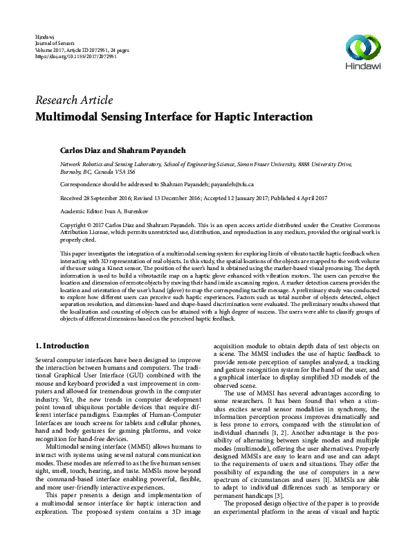 (PDF) Multimodal Sensing Interface for Haptic Interaction