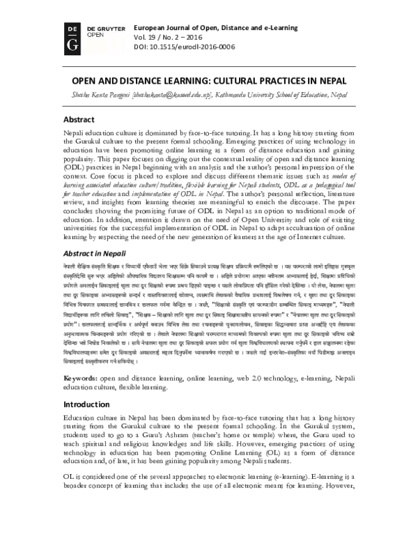 (PDF) Open and Distance Learning: Cultural Practices in Nepal