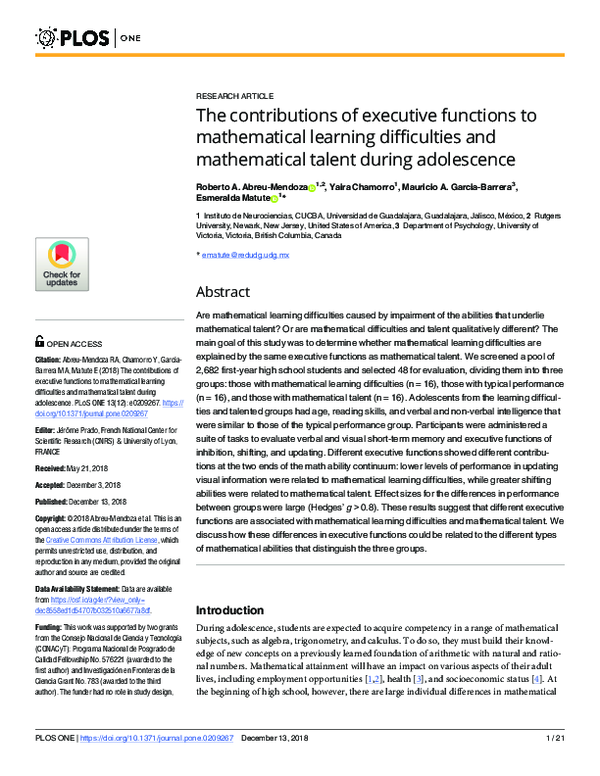 (PDF) The contributions of executive functions to mathematical learning ...