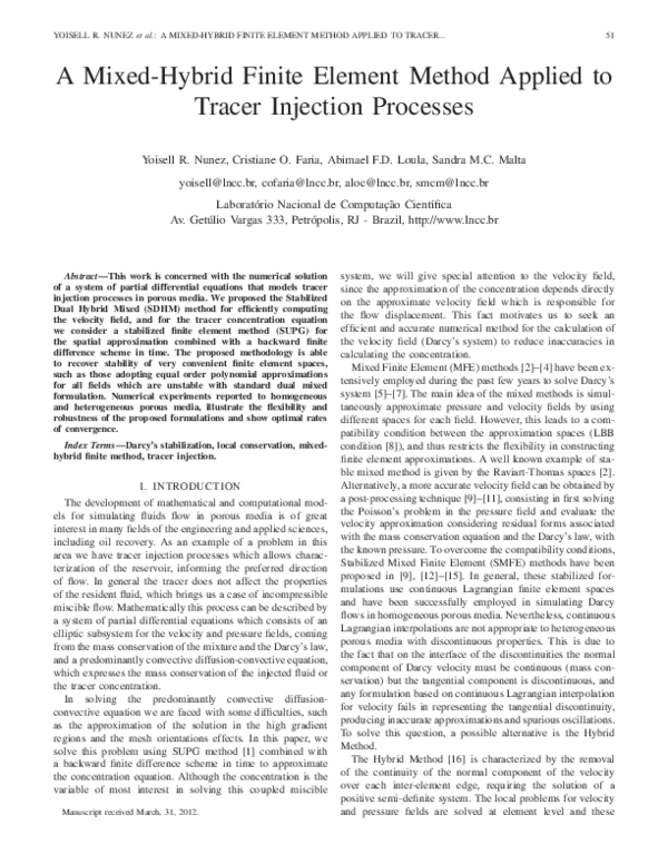 (PDF) A Mixed-Hybrid Finite Element Method Applied to Tracer Injection ...