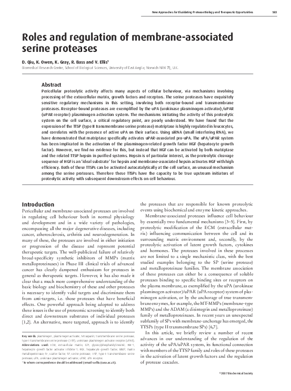 (PDF) Roles and regulation of membrane-associated serine proteases