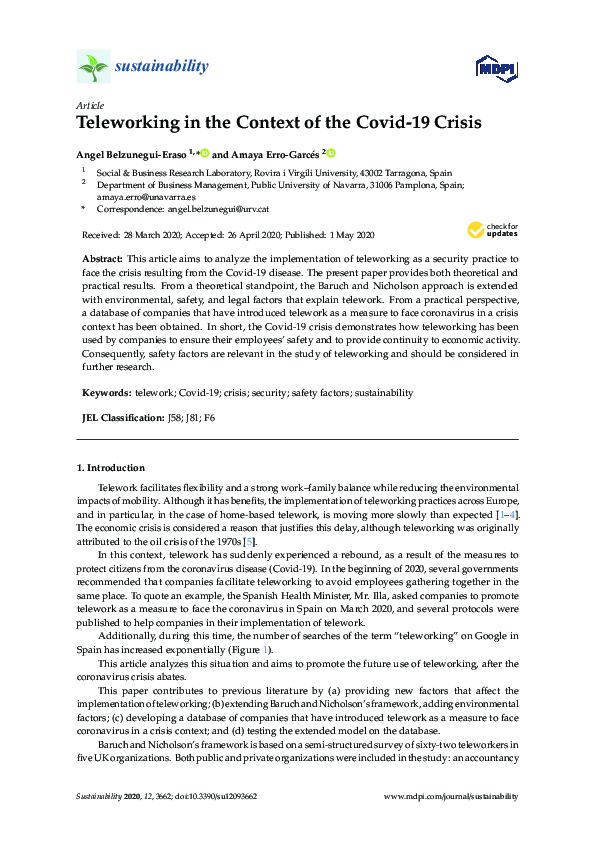 (PDF) Teleworking in the Context of the Covid-19 Crisis