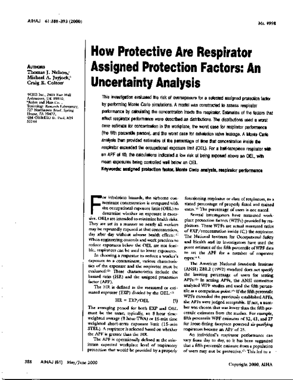 (PDF) How Protective Are Respirator Assigned Protection Factors An