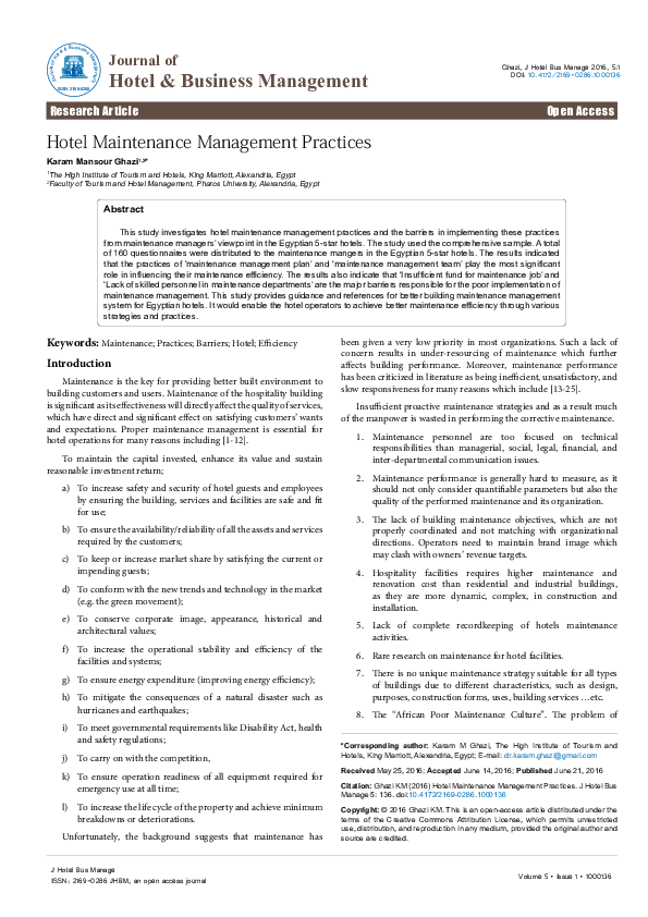 (PDF) Hotel Maintenance Management Practices