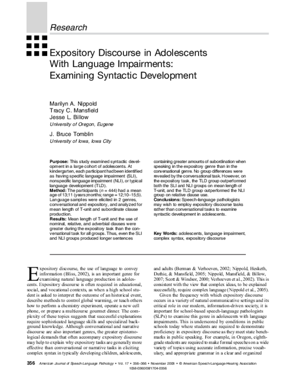 (PDF) Expository Discourse in Adolescents With Language Impairments ...