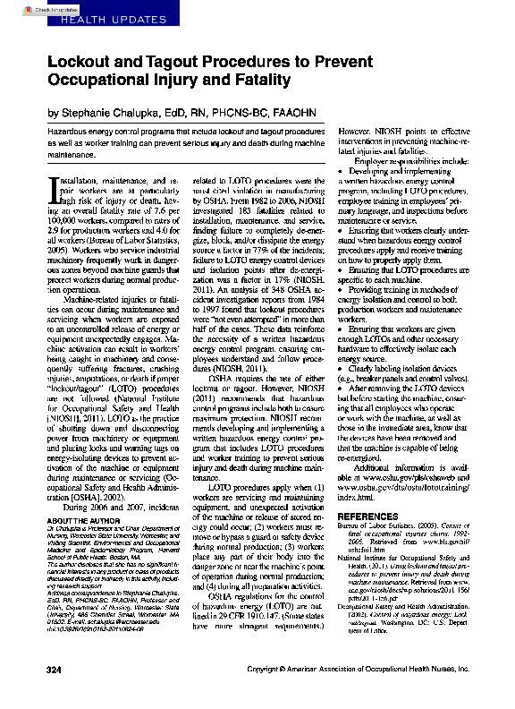 (PDF) Lockout and Tagout Procedures to Prevent Occupational Injury and ...
