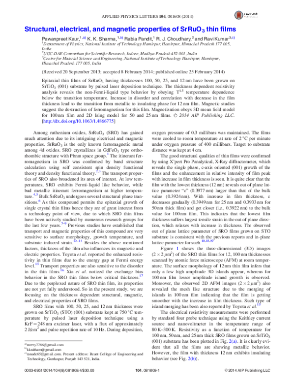 (PDF) Structural, electrical, and magnetic properties of SrRuO3 thin films