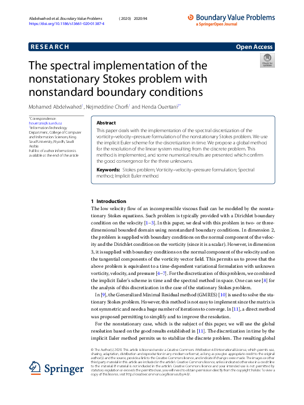 (PDF) The spectral implementation of the nonstationary Stokes problem ...