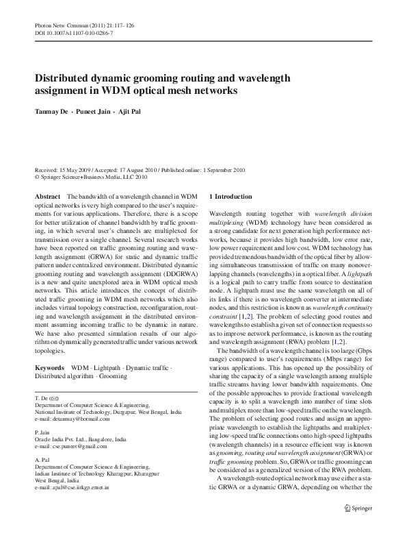 (PDF) Distributed dynamic grooming routing and wavelength assignment in ...