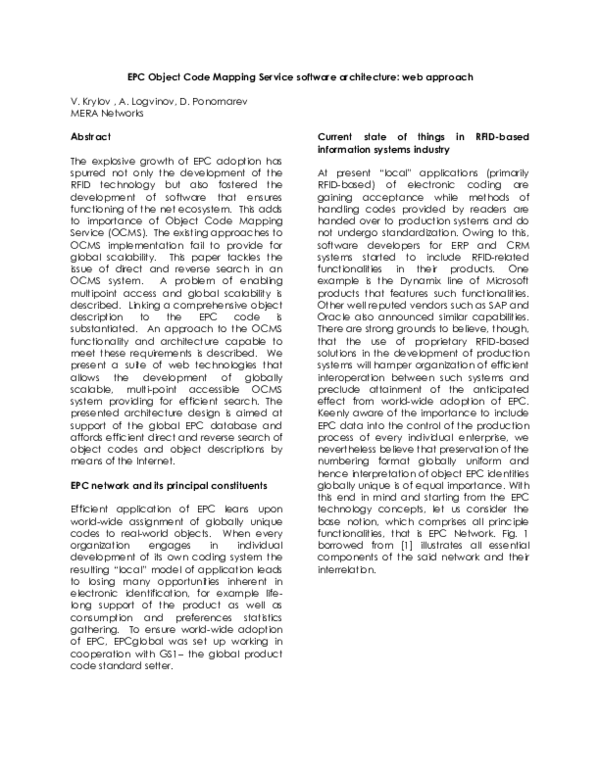 (PDF) EPC Object Code Mapping Service software architecture: web approach