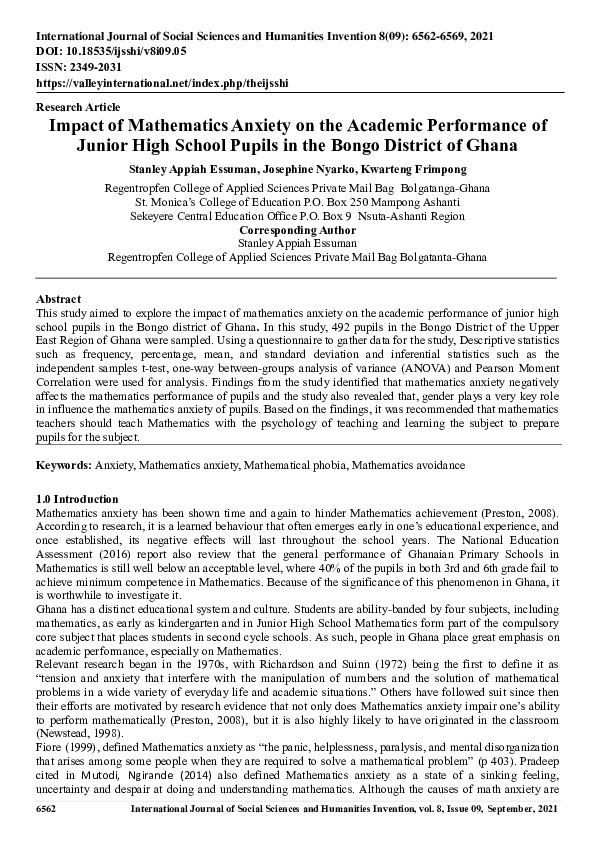 (PDF) Impact of Mathematics Anxiety on the Academic Performance of ...