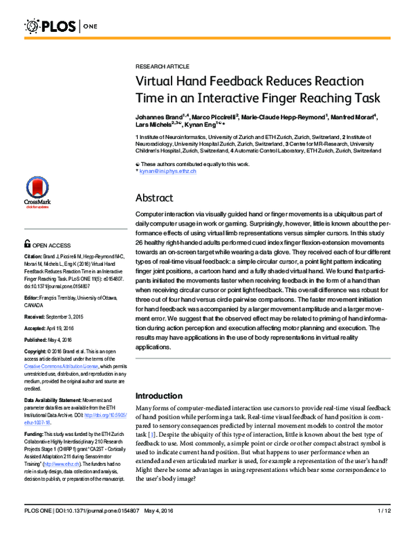 (PDF) Virtual Hand Feedback Reduces Reaction Time in an Interactive ...