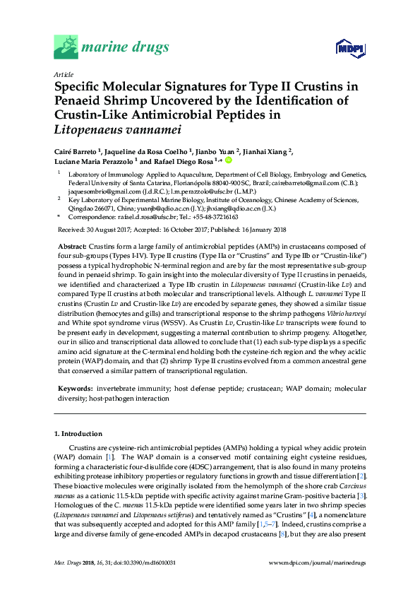 (PDF) Specific Molecular Signatures for Type II Crustins in Penaeid ...