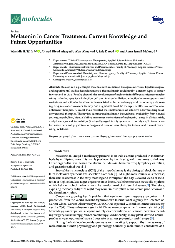 (PDF) Melatonin in Cancer Treatment: Current Knowledge and Future ...