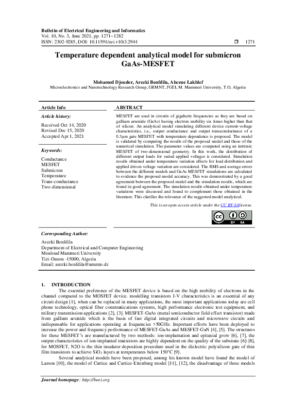 (PDF) Temperature dependent analytical model for submicron GaAs-MESFET