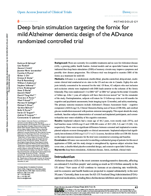 (PDF) Deep brain stimulation targeting the fornix for mild Alzheimer ...