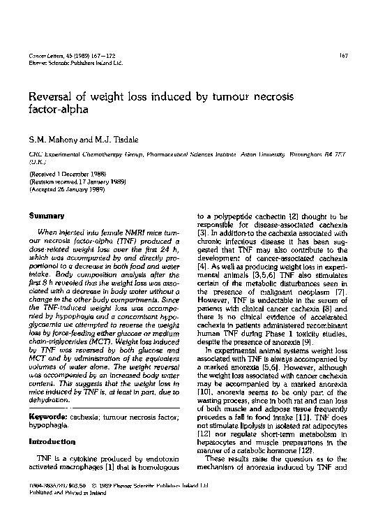 (PDF) Reversal of weight loss induced by tumour necrosis factor-alpha