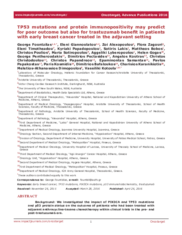 (PDF) TP53 mutations and protein immunopositivity may predict for poor ...