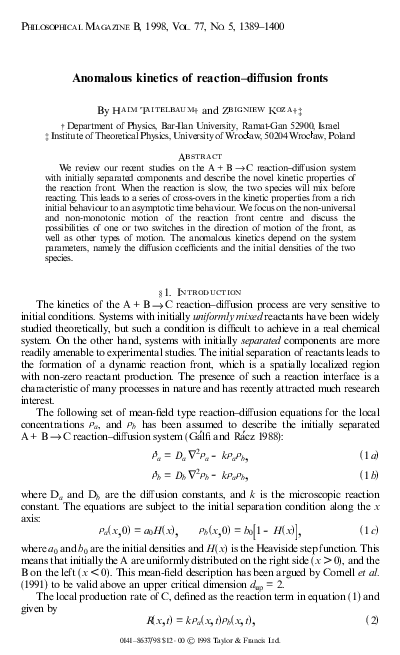 (PDF) Anomalous kinetics of reaction diffusion fronts