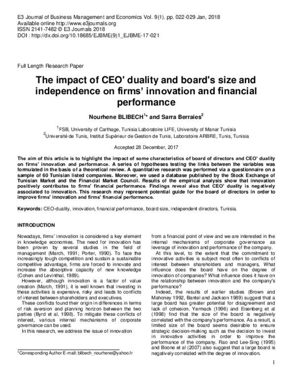 (PDF) The impact of CEO' duality and board's size and independence on ...