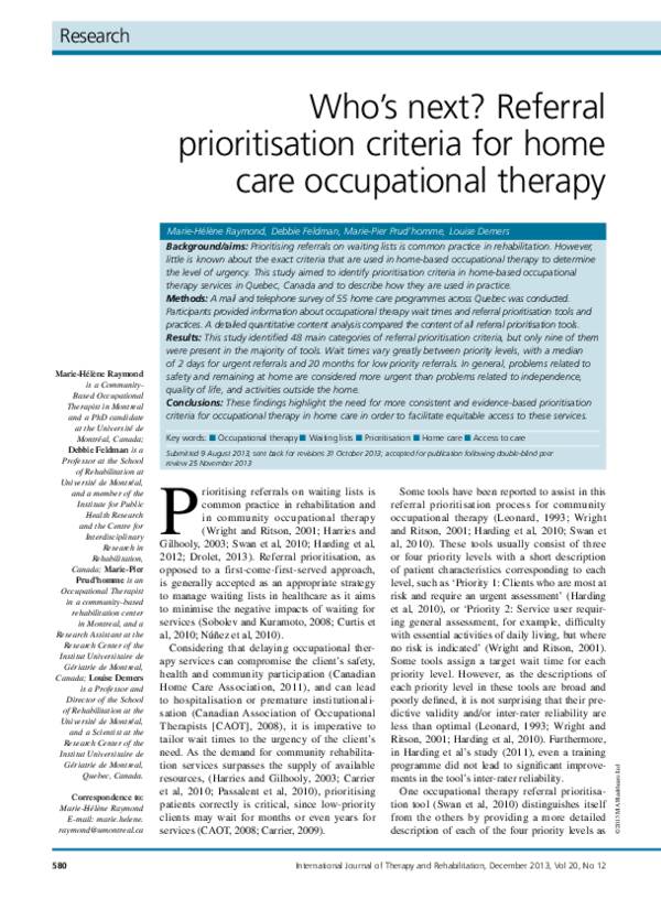 (PDF) Who's next? Referral prioritisation criteria for home care