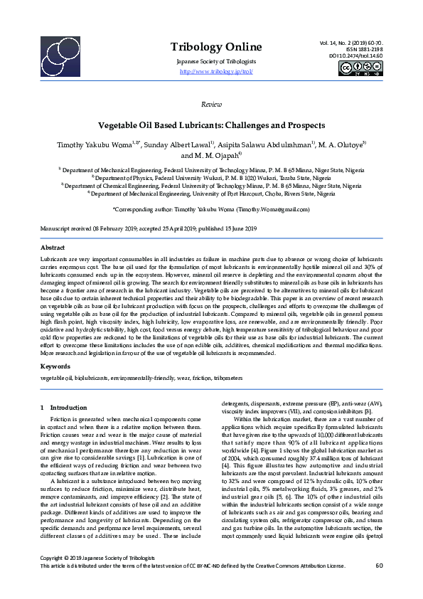(PDF) Vegetable Oil Based Lubricants Challenges and Prospects Sunday
