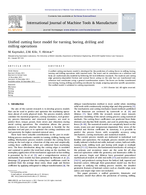 (PDF) Unified cutting force model for turning, boring, drilling and ...