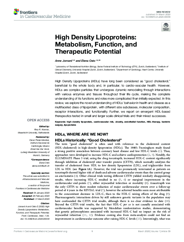 (PDF) High Density Lipoproteins: Metabolism, Function, and Therapeutic ...