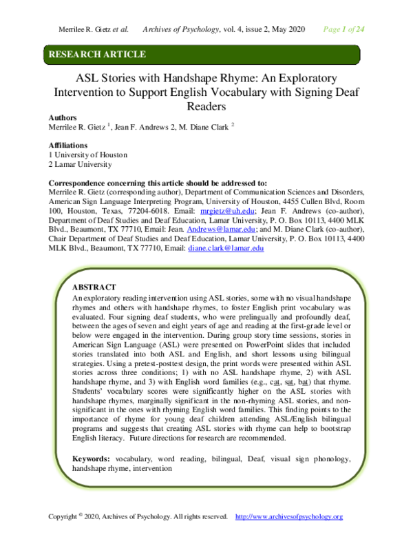(PDF) ASL Stories with Handshape Rhyme: An Exploratory Intervention to ...