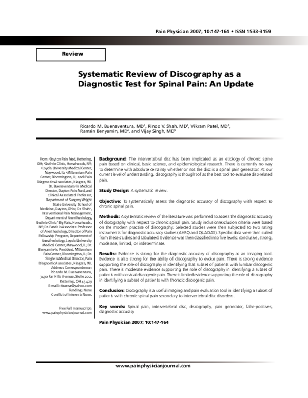 (PDF) Systematic review of discography as a diagnostic test for spinal ...
