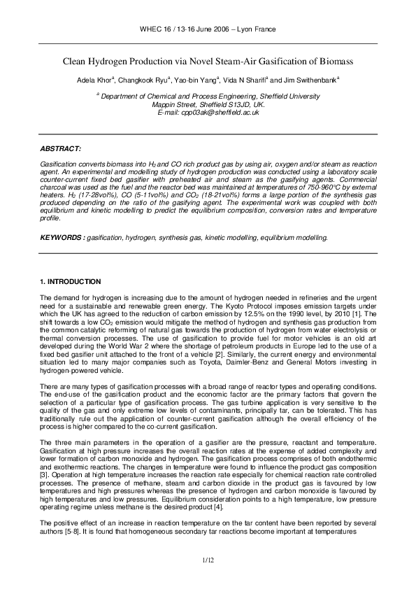 (PDF) Clean Hydrogen Production via Novel Steam-Air Gasification of Biomass