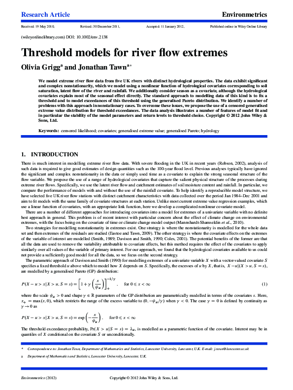 (PDF) Threshold models for river flow extremes