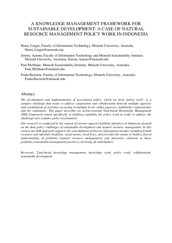 (PDF) A Knowledge Management Framework for Sustainable