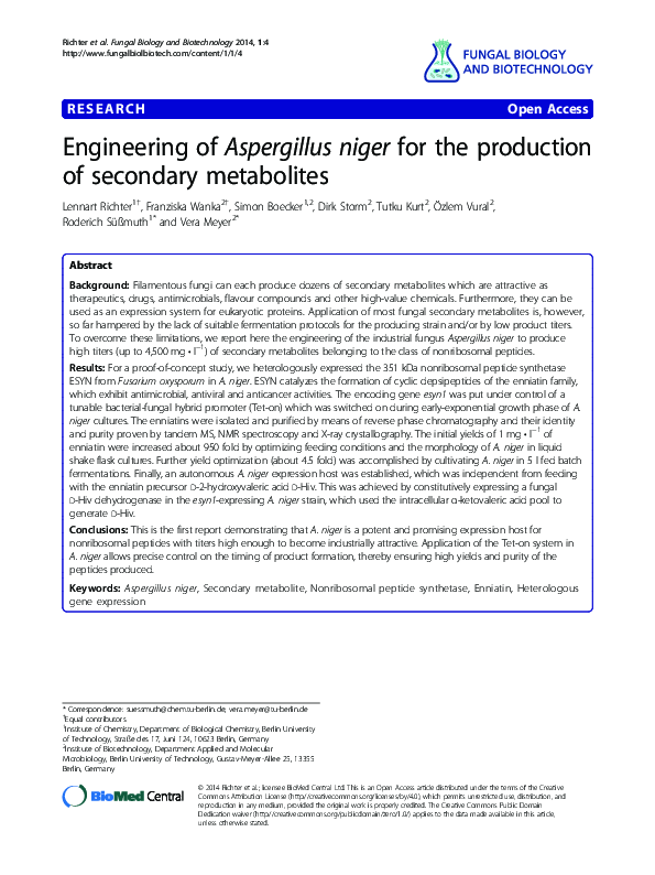 (PDF) Engineering of Aspergillus niger for the production of secondary ...