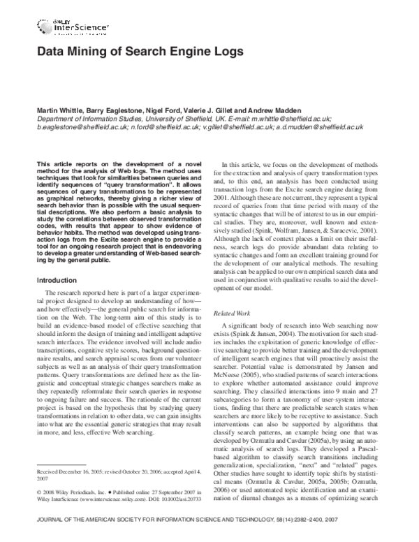 (PDF) Data mining of search engine logs