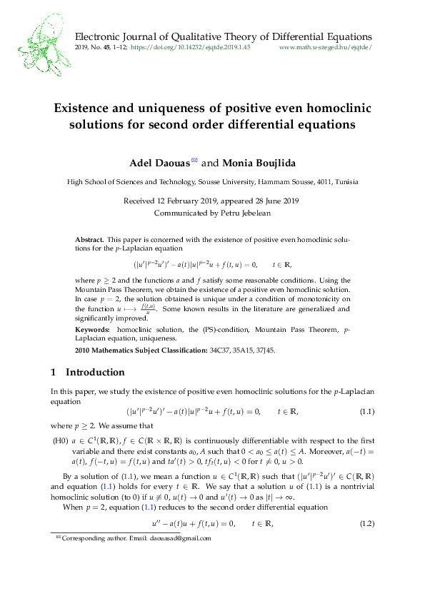 (PDF) Existence and uniqueness of positive even homoclinic solutions ...