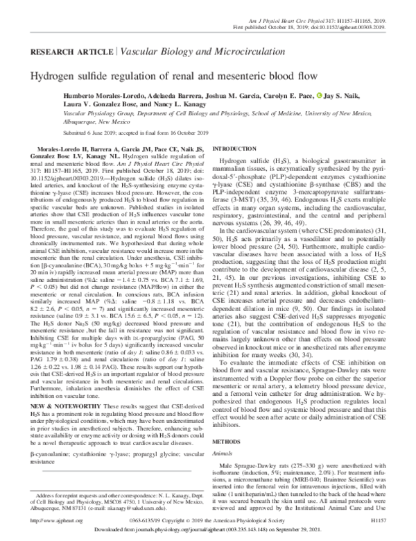 (PDF) Hydrogen Sulfide Regulation of Renal and Mesenteric Blood Flow