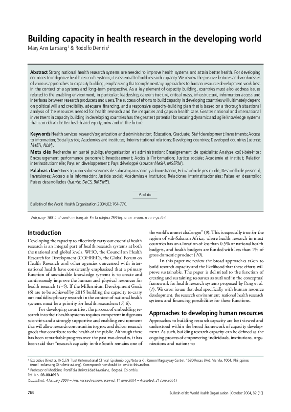 (PDF) Building capacity in health research in the developing world ...