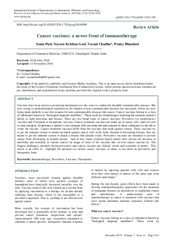 (PDF) Cancer vaccines: a newer front of immunotherapy