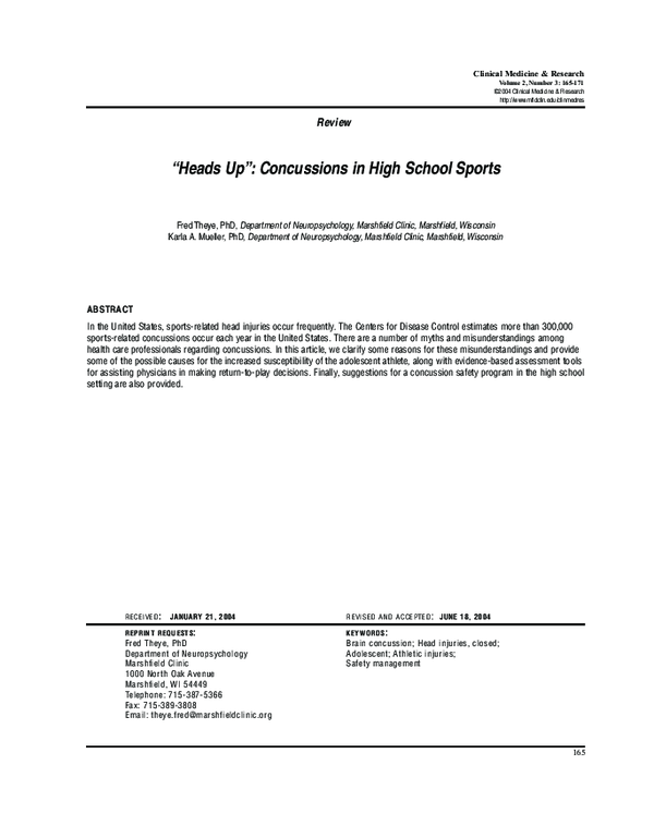 (PDF) Heads Up": Concussions in High School Sports