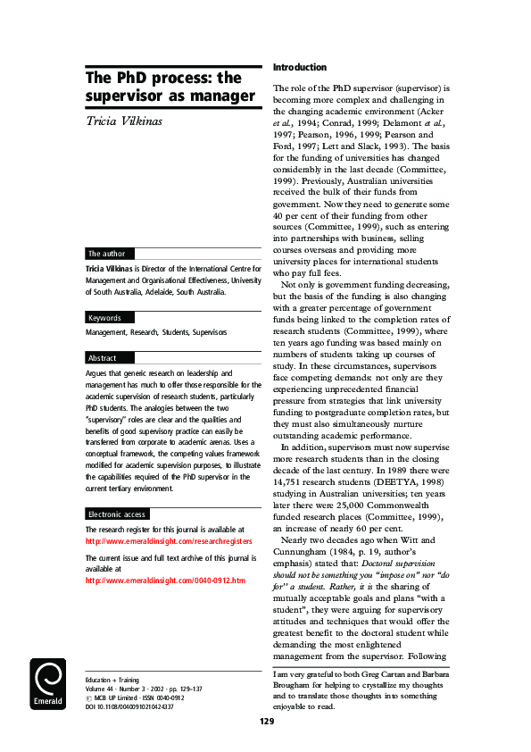 (PDF) The PhD process: the supervisor as manager