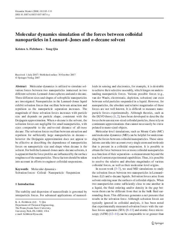(PDF) Molecular dynamics simulation of the forces between colloidal ...