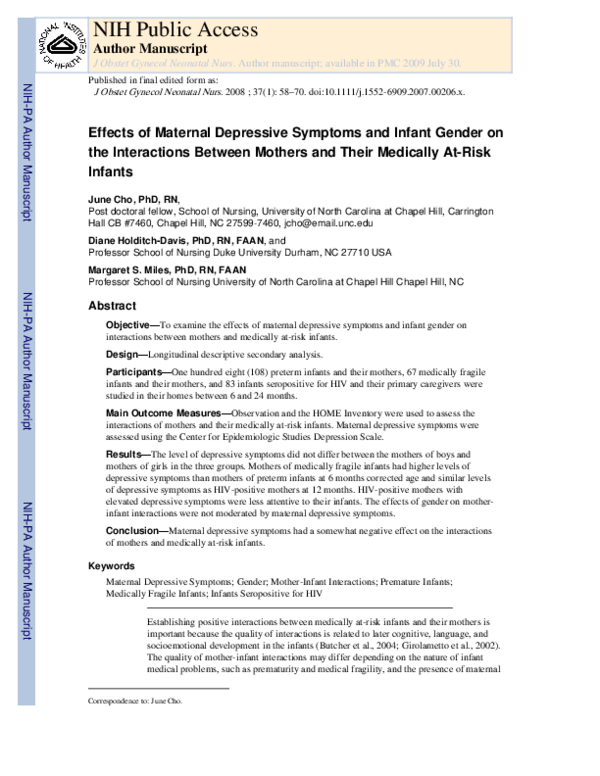 (PDF) Effects of Maternal Depressive Symptoms and Infant Gender on the ...