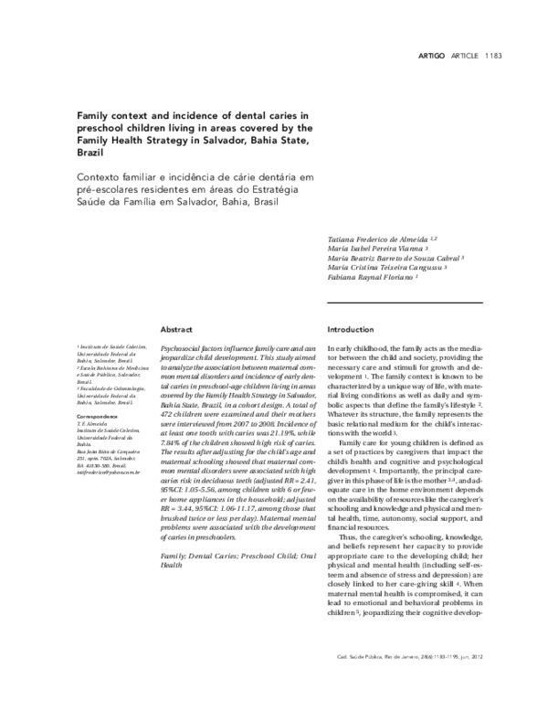 (PDF) Family context and incidence of dental caries in preschool ...