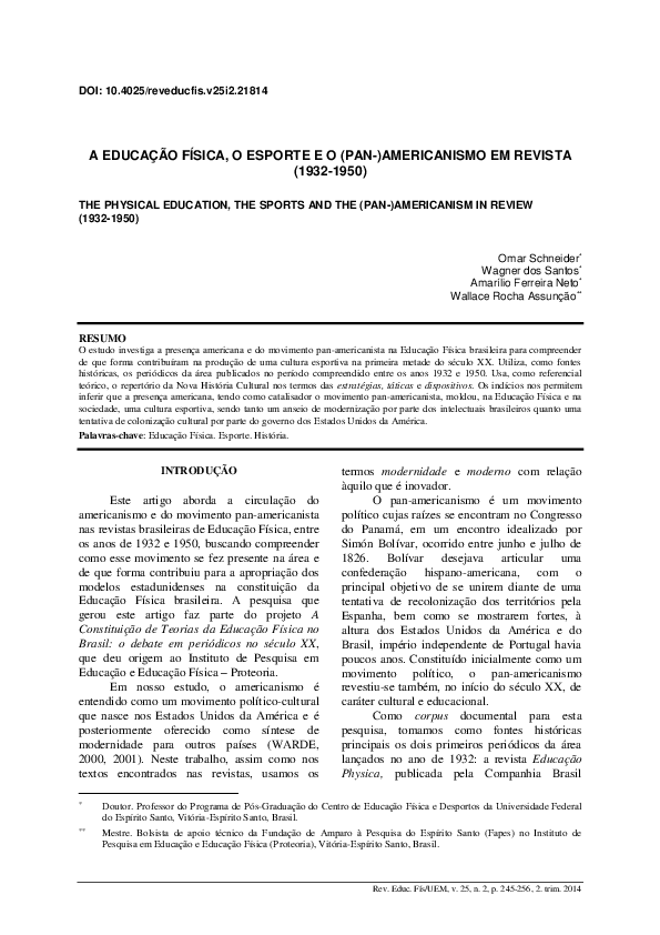 (PDF) A Educação Física, o esporte e o (pan)americanismo em revista (19321950) Wallace (PDF) A Educação Física, o esporte e o (pan)americanismo em revista (19321950) Wallace