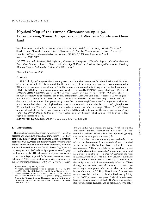 (PDF) Physical Map of the Human Chromosome 8p12-p21 Encompassing Tumor ...