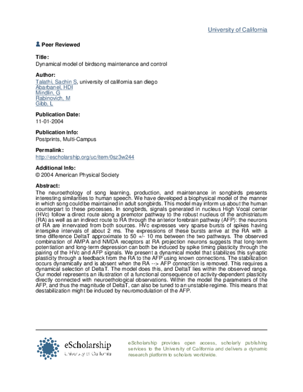 (PDF) Dynamical model of birdsong maintenance and control